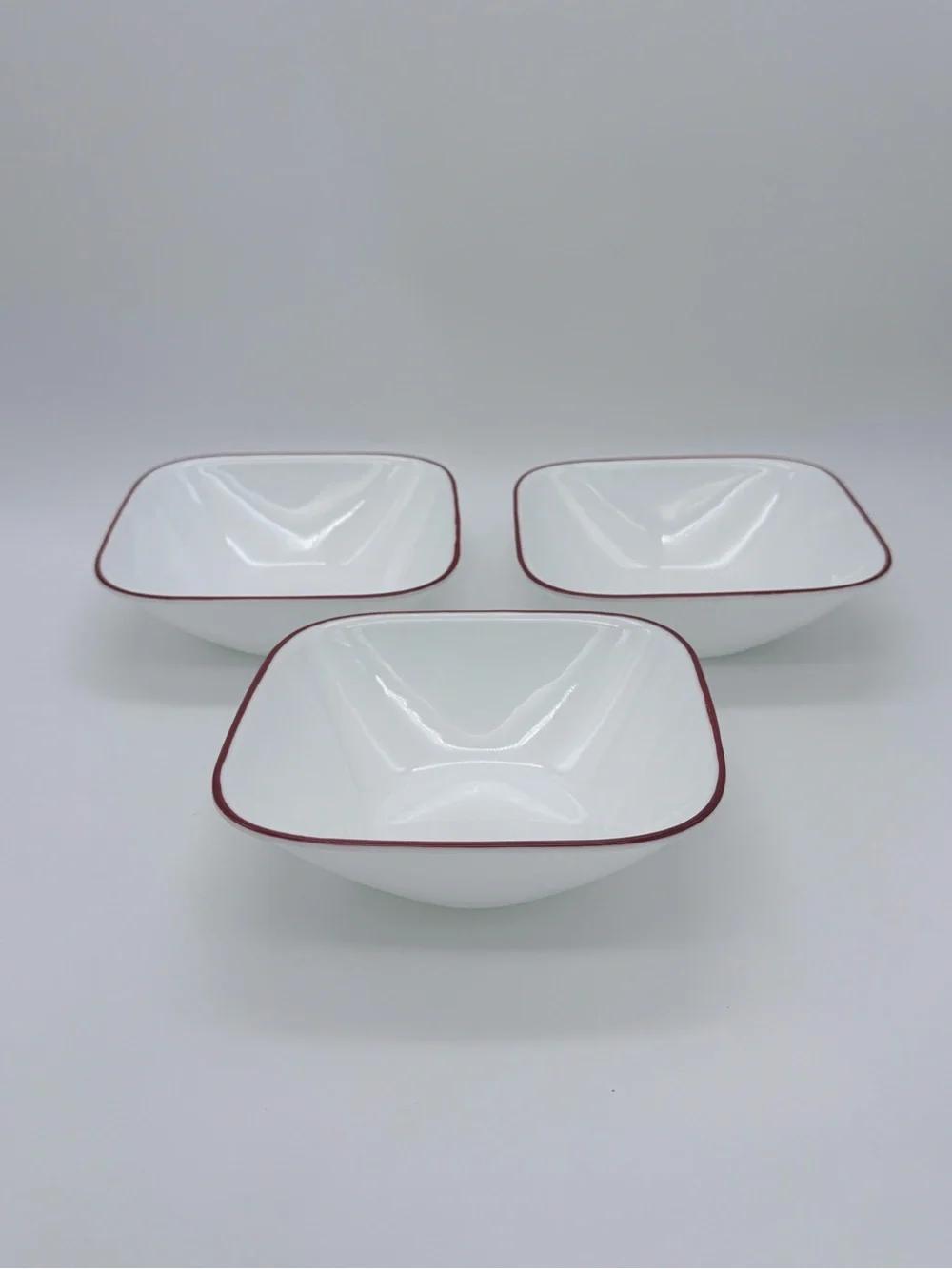 Corelle Vitrelle Square White Cereal Bowls Radiant Red Band Rim 6-1/4” Set Of 3